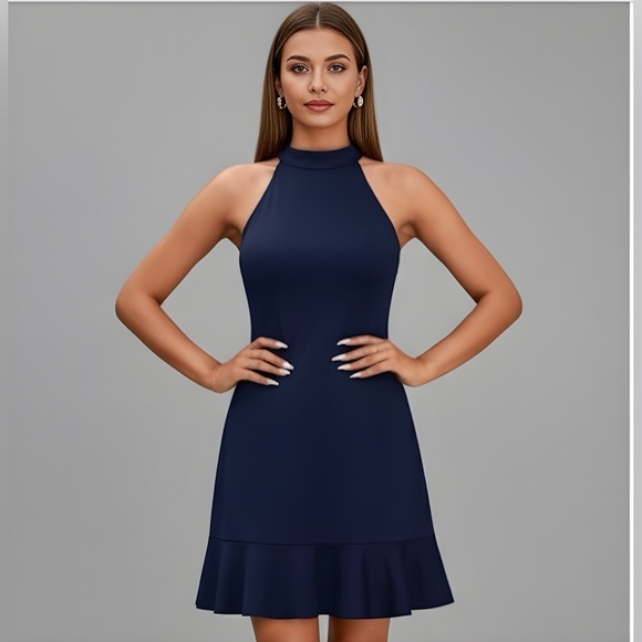 Navy Halter Neck Ruffle Hem Swing Dress - Picture 2 of 8